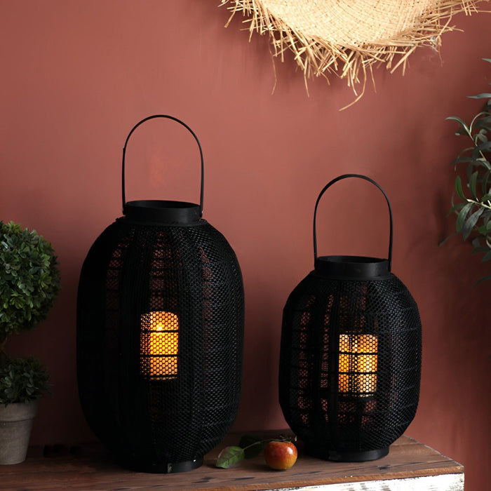 Black Handmade Wood LED Candle Lantern Floor Lamp - Rustic Nordic Style, Indoor/Outdoor Decor