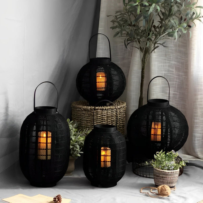Black Handmade Wood LED Candle Lantern Floor Lamp - Rustic Nordic Style, Indoor/Outdoor Decor