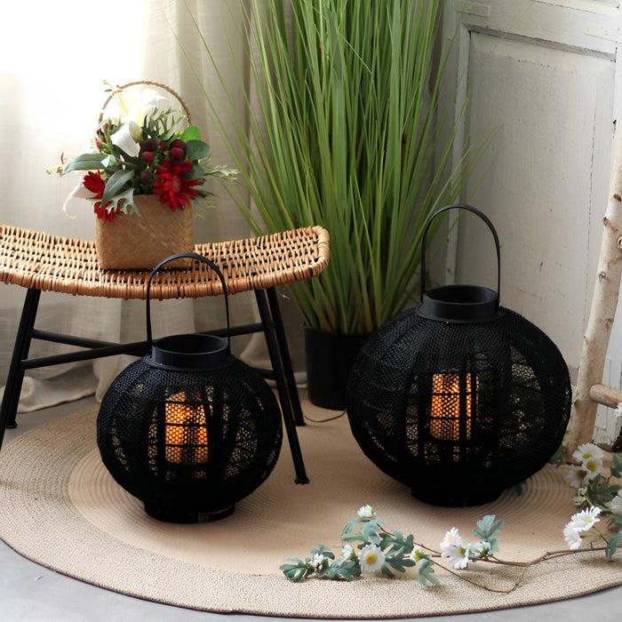 Black Handmade Wood LED Candle Lantern Floor Lamp - Rustic Nordic Style, Indoor/Outdoor Decor