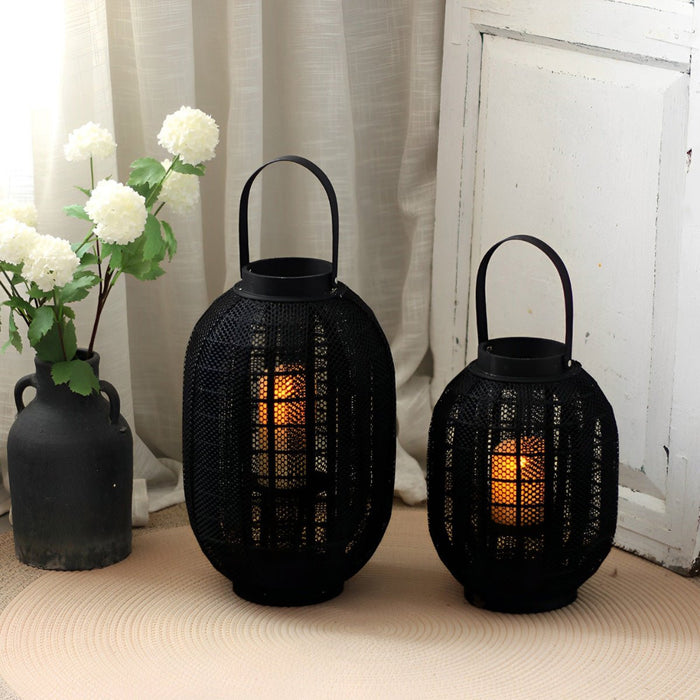Black Handmade Wood LED Candle Lantern Floor Lamp - Rustic Nordic Style, Indoor/Outdoor Decor