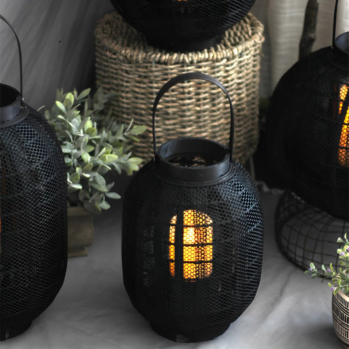 Black Handmade Wood LED Candle Lantern Floor Lamp - Rustic Nordic Style, Indoor/Outdoor Decor