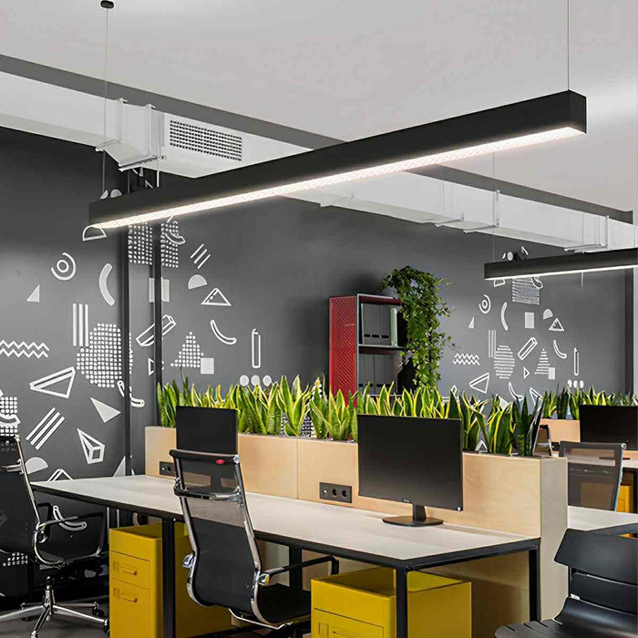 Linear LED Pendant Light - Black, Modern Minimalist - Office, Commercial Ceiling Strip Fixture