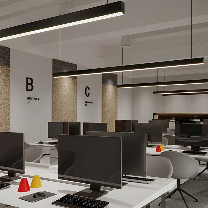 Linear LED Pendant Light - Black, Modern Minimalist - Office, Commercial Ceiling Strip Fixture