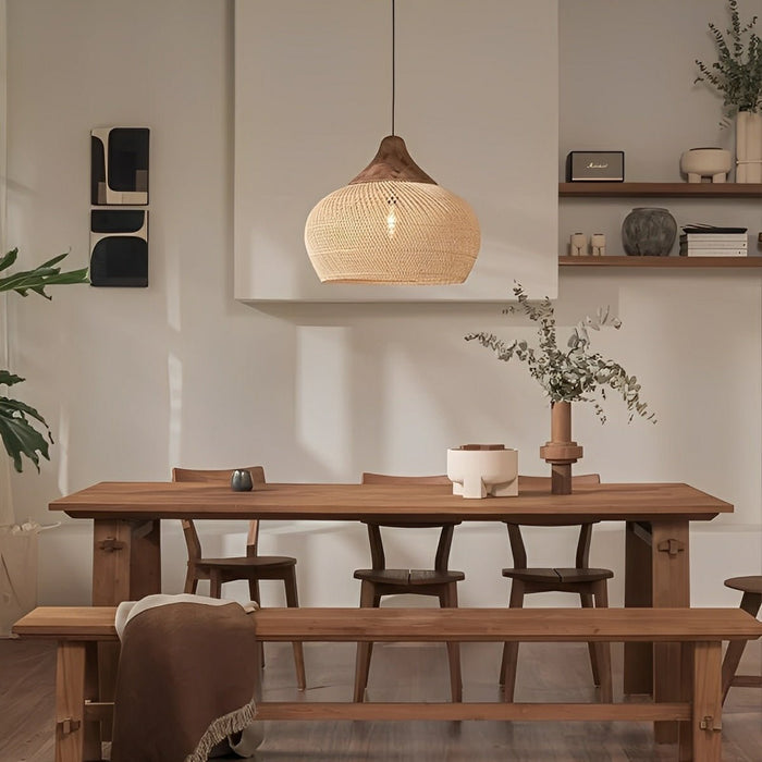 Bowl-shaped Rattan Pendant Light - Boho Woven Hanging Lamp, Natural Handmade Fixture