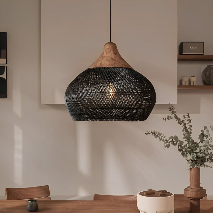 Bowl-shaped Rattan Pendant Light - Boho Woven Hanging Lamp, Natural Handmade Fixture