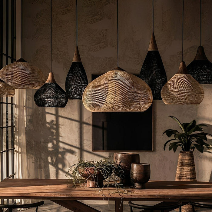 Bowl-shaped Rattan Pendant Light - Boho Woven Hanging Lamp, Natural Handmade Fixture