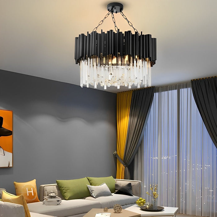 Modern Round Crystal Chandelier, Black Metal LED Hanging Light for Dining Room/Living Room/Bedroom