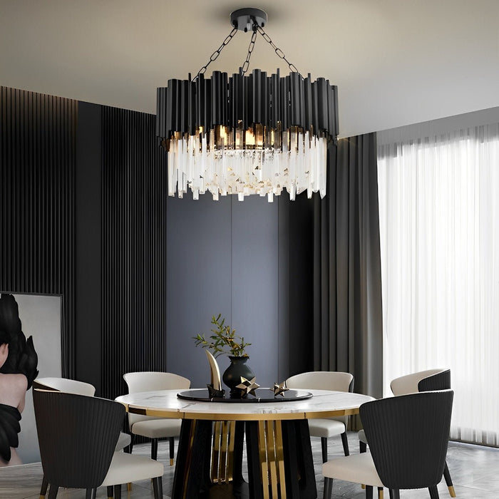 Modern Round Crystal Chandelier, Black Metal LED Hanging Light for Dining Room/Living Room/Bedroom