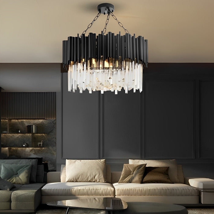 Modern Round Crystal Chandelier, Black Metal LED Hanging Light for Dining Room/Living Room/Bedroom