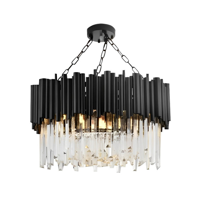 Modern Round Crystal Chandelier, Black Metal LED Hanging Light for Dining Room/Living Room/Bedroom
