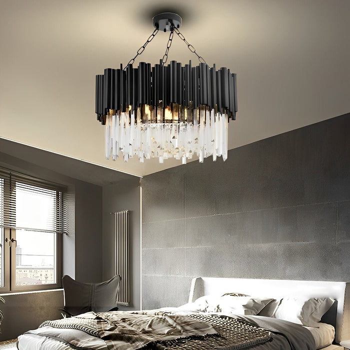 Modern Round Crystal Chandelier, Black Metal LED Hanging Light for Dining Room/Living Room/Bedroom