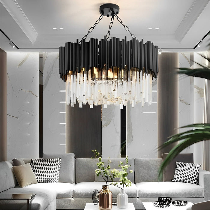 Modern Round Crystal Chandelier, Black Metal LED Hanging Light for Dining Room/Living Room/Bedroom