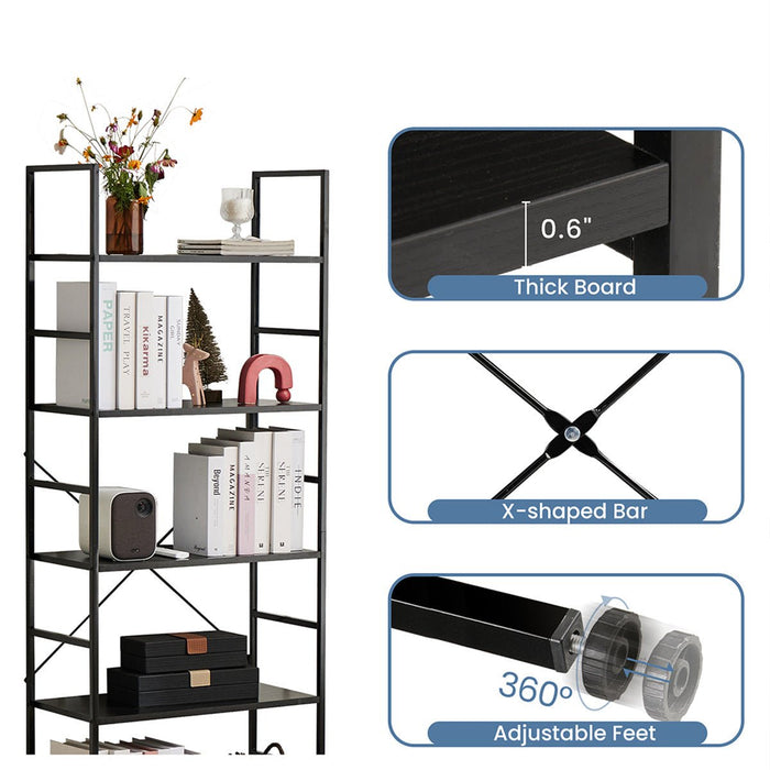 5-Tier Bookshelf, Industrial Wood Metal Storage Rack, Tall Display Shelf for Living Room/Office