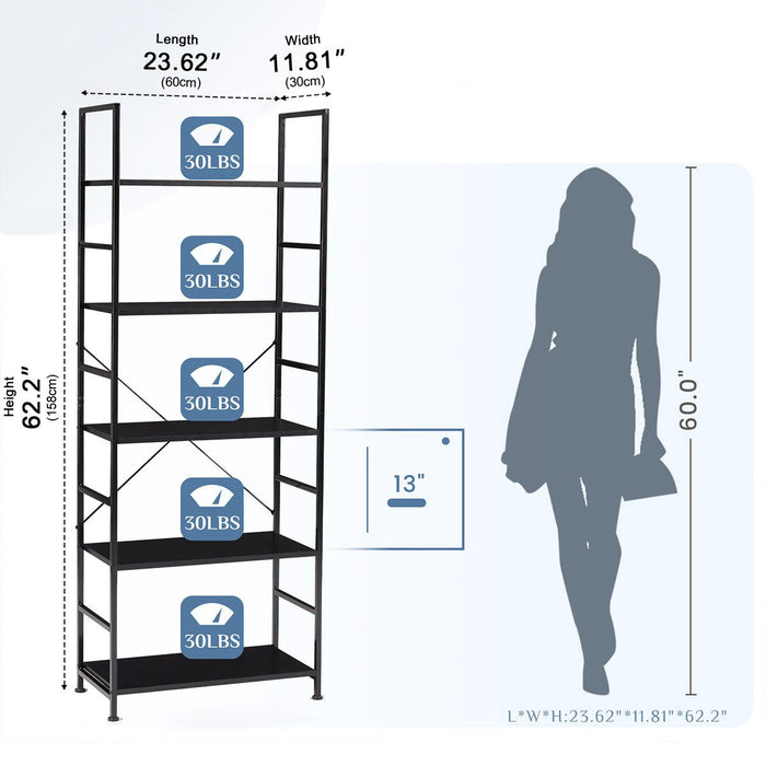 5-Tier Bookshelf, Industrial Wood Metal Storage Rack, Tall Display Shelf for Living Room/Office