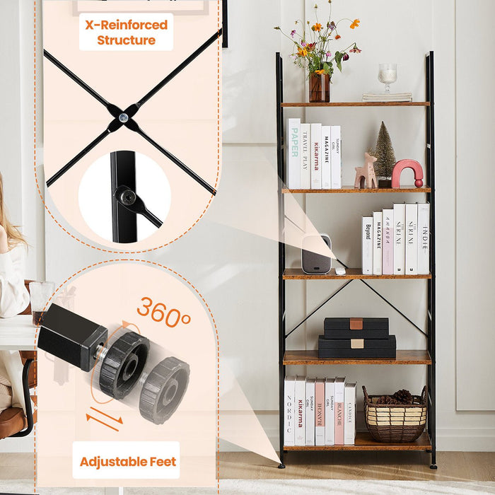 5-Tier Bookshelf, Industrial Wood Metal Storage Rack, Tall Display Shelf for Living Room/Office