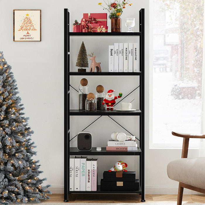 5-Tier Bookshelf, Industrial Wood Metal Storage Rack, Tall Display Shelf for Living Room/Office