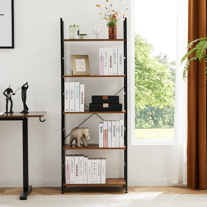 5-Tier Bookshelf, Industrial Wood Metal Storage Rack, Tall Display Shelf for Living Room/Office