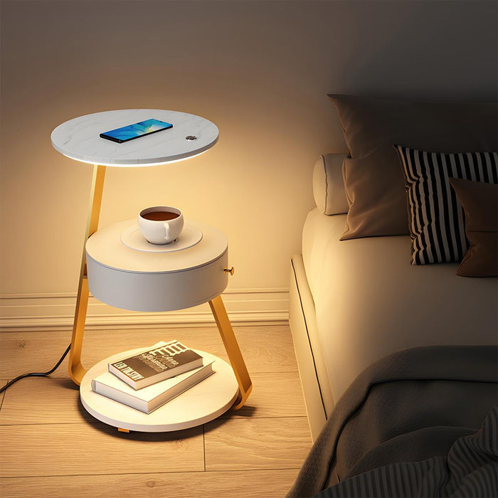 LED Floor Lamp Coffee Table, Wireless Charging End Table, Storage Shelf for Bedroom/Living Room