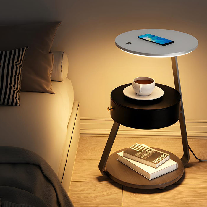 LED Floor Lamp Coffee Table, Wireless Charging End Table, Storage Shelf for Bedroom/Living Room