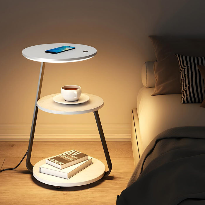 LED Floor Lamp Coffee Table, Wireless Charging End Table, Storage Shelf for Bedroom/Living Room