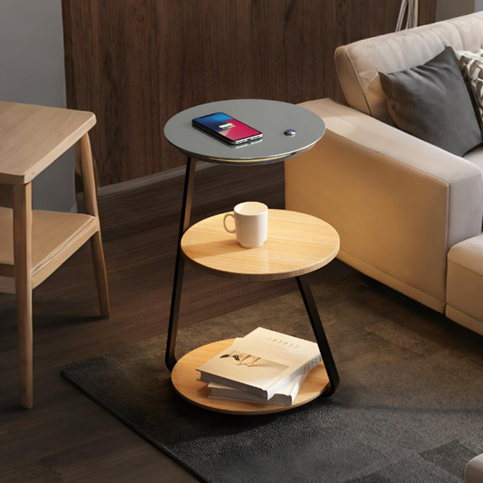 LED Floor Lamp Coffee Table, Wireless Charging End Table, Storage Shelf for Bedroom/Living Room