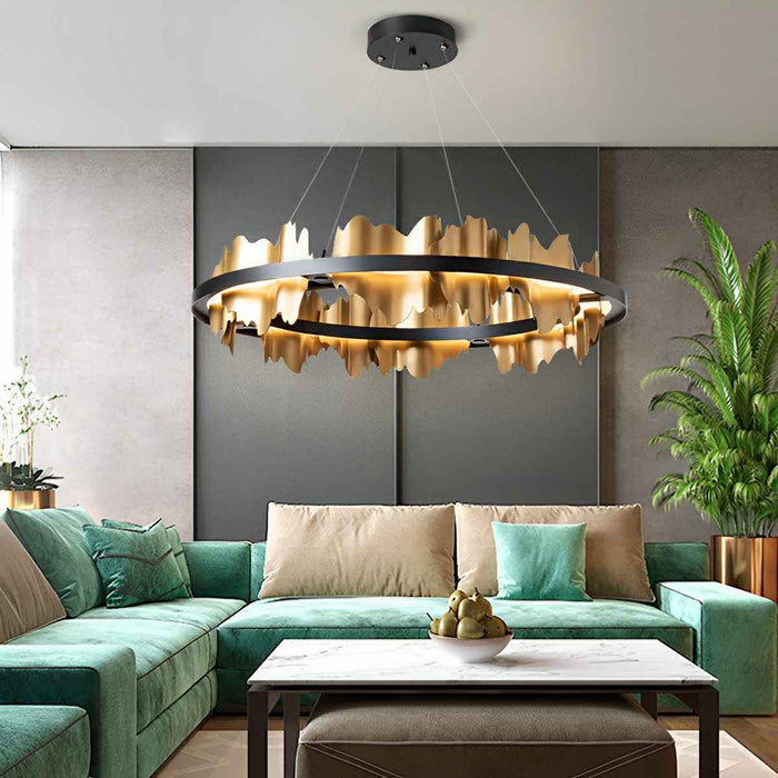 Modern LED Chandelier, Stepless Dimming, Circular Design, Gold Black, Living Room/Dining Room Lighting
