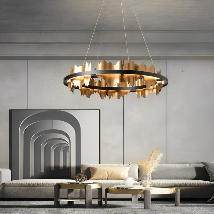 Modern LED Chandelier, Stepless Dimming, Circular Design, Gold Black, Living Room/Dining Room Lighting