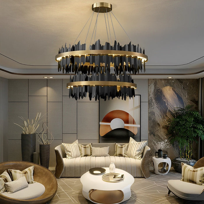 Modern LED Chandelier, Stepless Dimming, Circular Design, Gold Black, Living Room/Dining Room Lighting