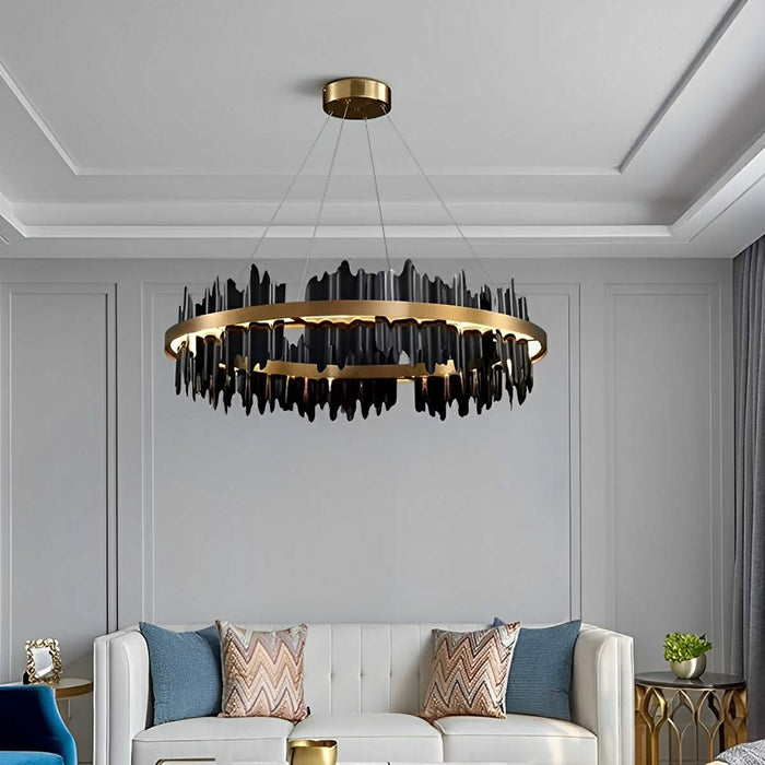 Modern LED Chandelier, Stepless Dimming, Circular Design, Gold Black, Living Room/Dining Room Lighting
