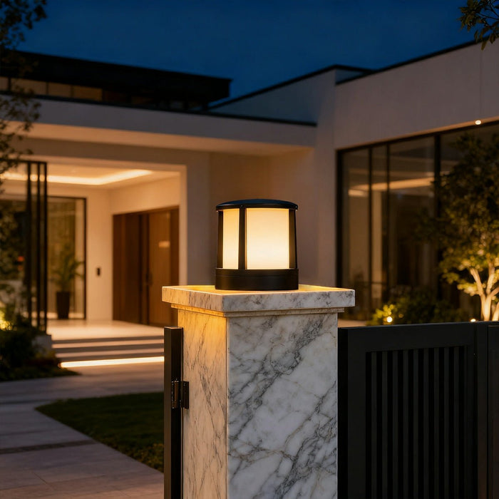 Cylindrical Black Outdoor Fence Post Light - Modern Pathway Illumination, Weatherproof