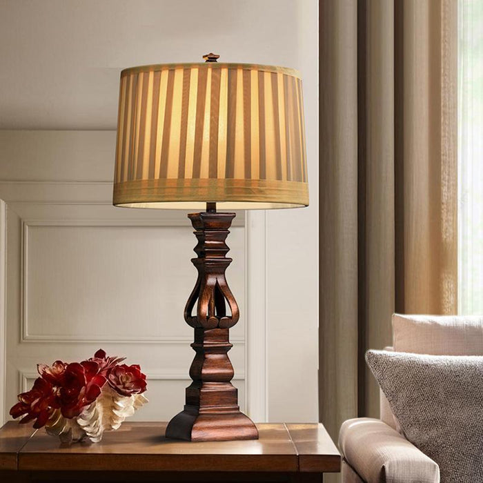 Pleated Drum Shade Table Lamp Rustic Resin Brown Night Stand Light
