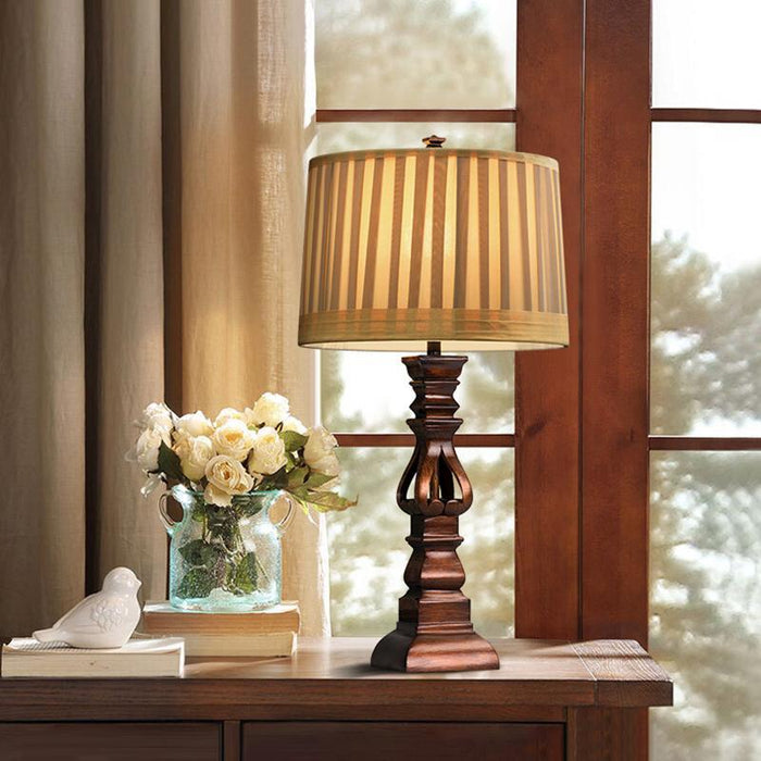 Pleated Drum Shade Table Lamp Rustic Resin Brown Night Stand Light