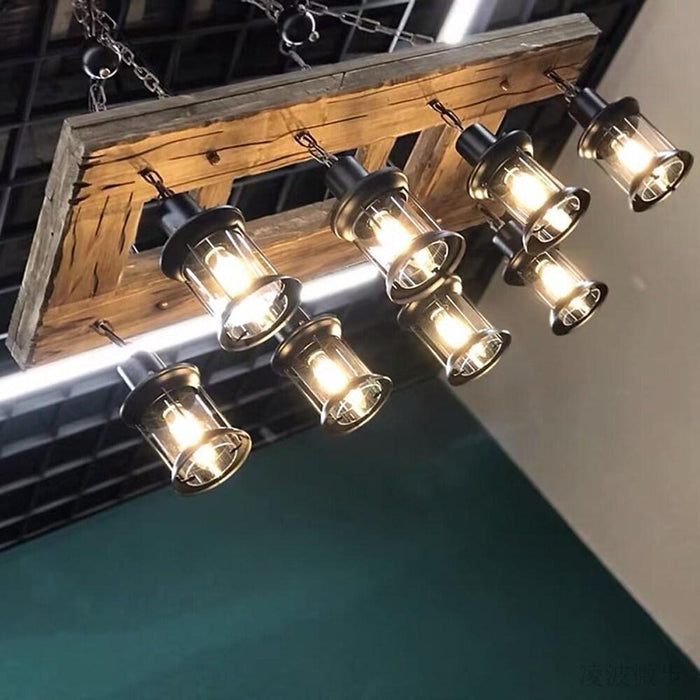 8-light Vintage Wood Glass Lantern LED Farmhouse Chandeliers Hanging Lamp