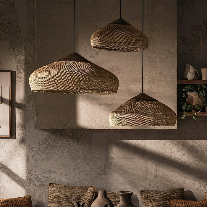 Dome Shaped Rattan Pendant Light - Handmade Boho Woven Hanging Lamp, Natural Fiber Ceiling Fixture