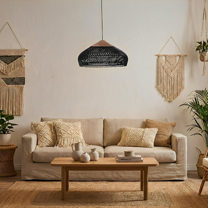 Dome Shaped Rattan Pendant Light - Handmade Boho Woven Hanging Lamp, Natural Fiber Ceiling Fixture
