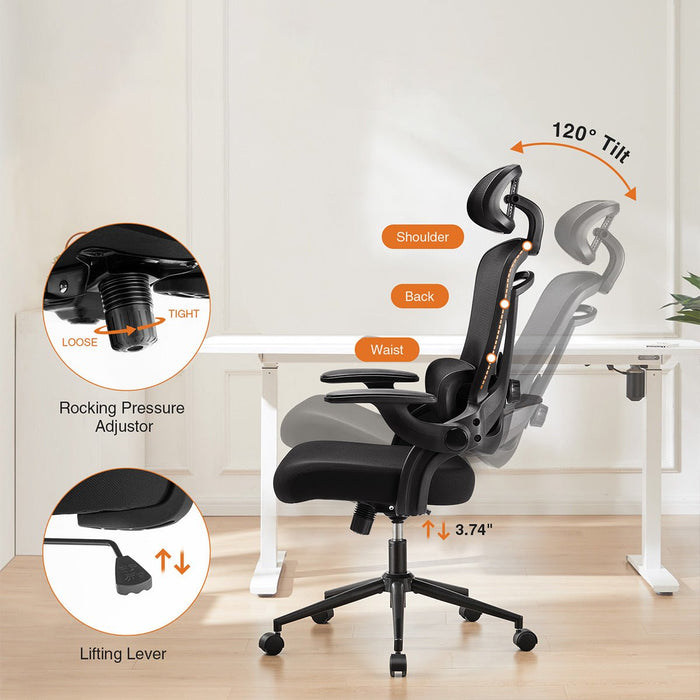 High-Back Desk Chair - Adjustable Lumbar Support/Headrest, Comfortable Mesh, Flip-Up Arms, 120-Degree Tilt