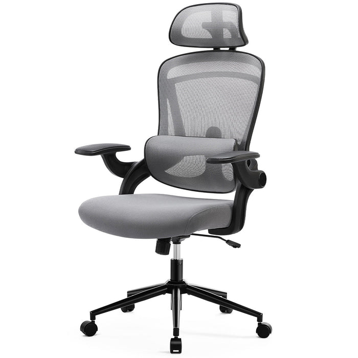 High-Back Desk Chair - Adjustable Lumbar Support/Headrest, Comfortable Mesh, Flip-Up Arms, 120-Degree Tilt