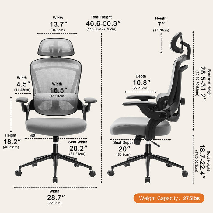 High-Back Desk Chair - Adjustable Lumbar Support/Headrest, Comfortable Mesh, Flip-Up Arms, 120-Degree Tilt