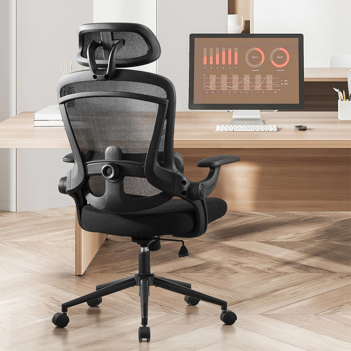 High-Back Desk Chair - Adjustable Lumbar Support/Headrest, Comfortable Mesh, Flip-Up Arms, 120-Degree Tilt