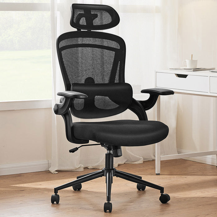 High-Back Desk Chair - Adjustable Lumbar Support/Headrest, Comfortable Mesh, Flip-Up Arms, 120-Degree Tilt