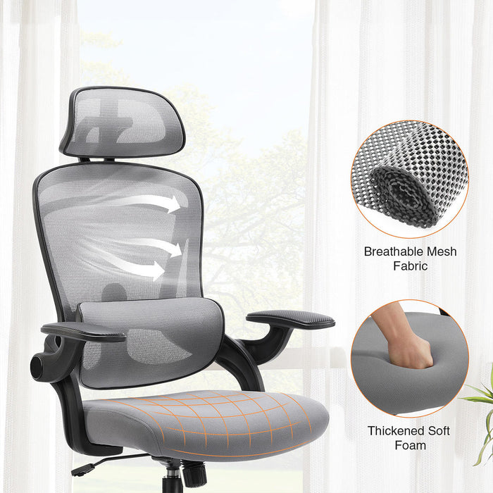 High-Back Desk Chair - Adjustable Lumbar Support/Headrest, Comfortable Mesh, Flip-Up Arms, 120-Degree Tilt