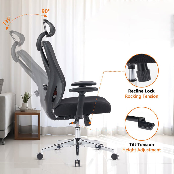 Ergonomic Office Chair - Swivel Mesh / 2D Armrest, Adjustable Lumbar Support, Headrest, 135° Tilt