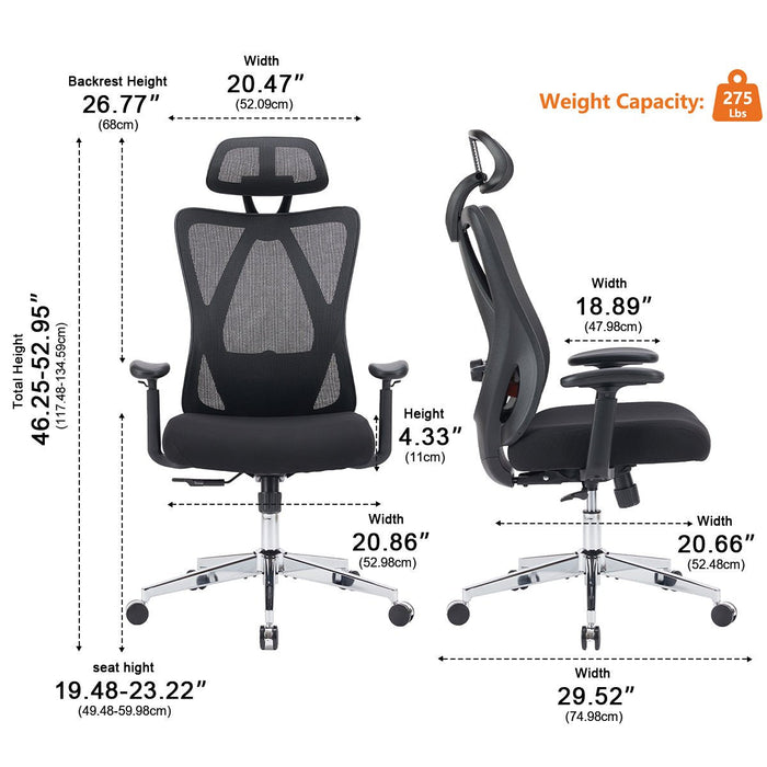 Ergonomic Office Chair - Swivel Mesh / 2D Armrest, Adjustable Lumbar Support, Headrest, 135° Tilt