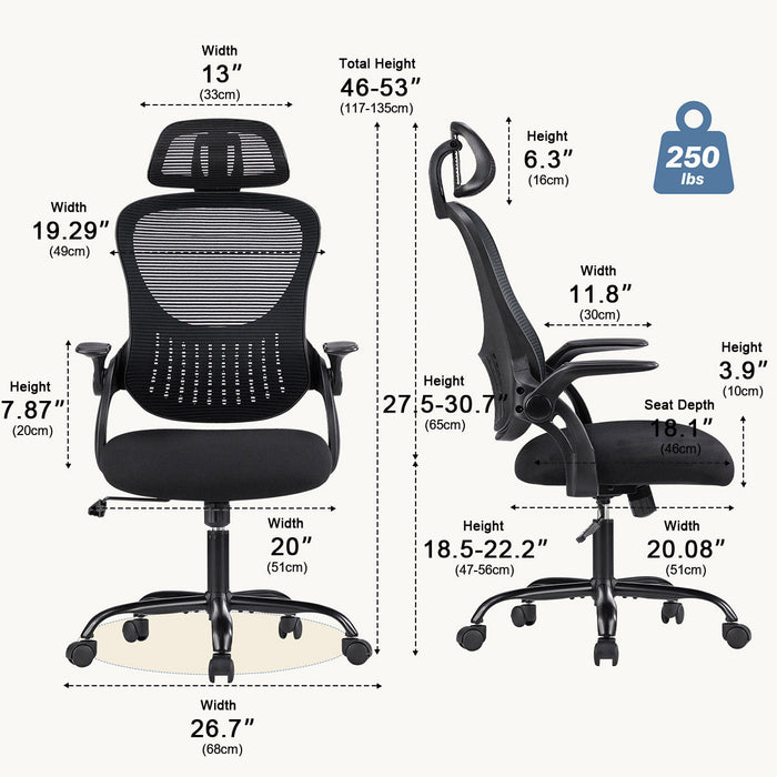 Ergonomic Swivel Mesh Office Chair - Computer Desk Task Seating, Adjustable Headrest/Armrests - 360 Degree Rotation