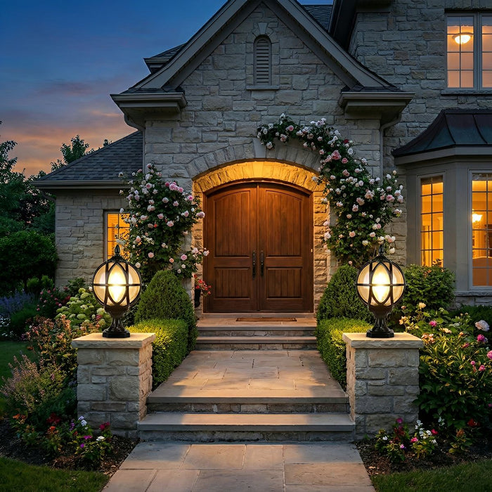 Waterproof Outdoor Post Light, Round Glass Globe, Farmhouse Fence Pillar Light for Patio/Yard