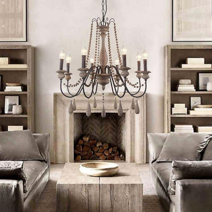 Candle Shaped Beaded Tassel LED Rustic Chandelier Pendant Light Hanging Lamp