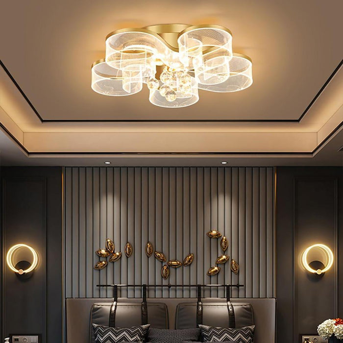 Waved Pattern Flush Mount Ceiling Light Ornate Metal Crystal LED Light