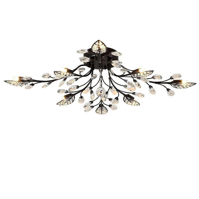 Vintage Crystal Branches Leaf Semi-Flush Mount Chandelier | 8-Light LED. 31.19'' Wide. Antique Brass