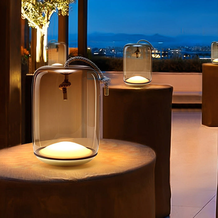 Glass Cylinder Portable Lantern Floor Lamp - Waterproof LED Outdoor/Indoor Lighting, Rechargeable/Plug-in