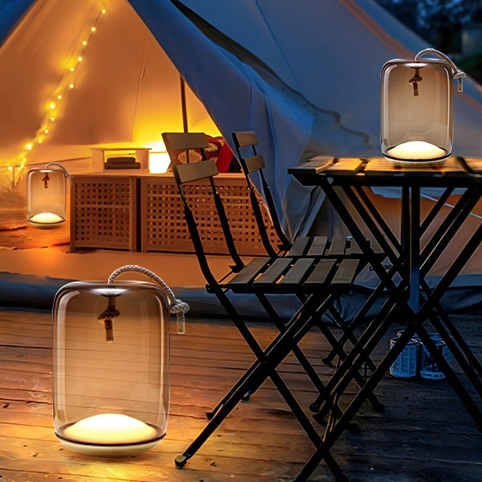 Glass Cylinder Portable Lantern Floor Lamp - Waterproof LED Outdoor/Indoor Lighting, Rechargeable/Plug-in